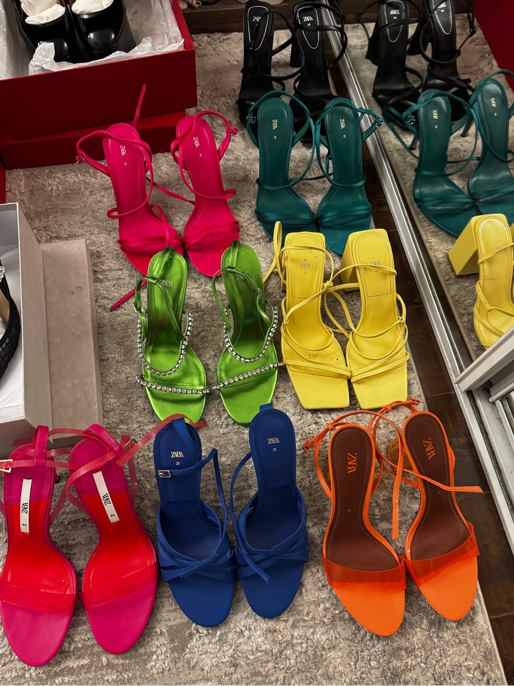 Zara Heels Multi-Color Strappy Heels – Pink, Green, Yellow, Blue, Orange, Black.